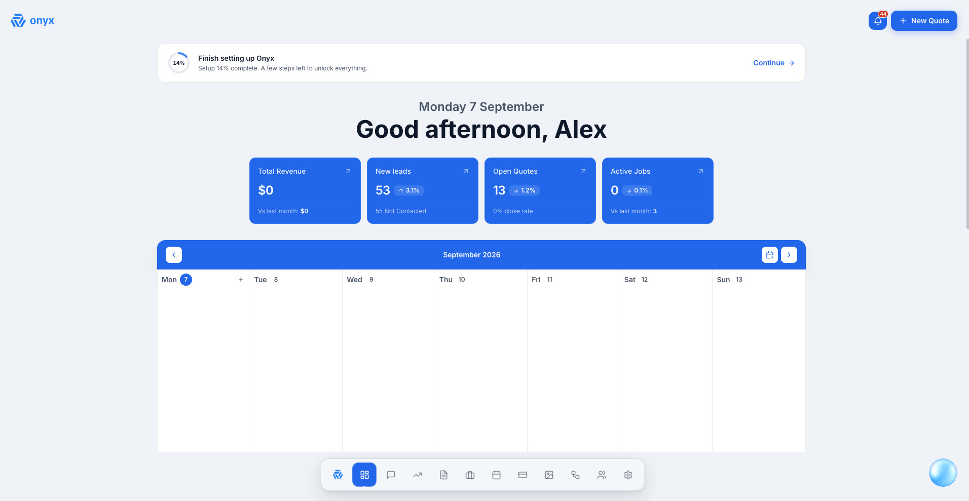 The Onyx dashboard showing revenue, leads, quotes, active jobs, and the week's schedule