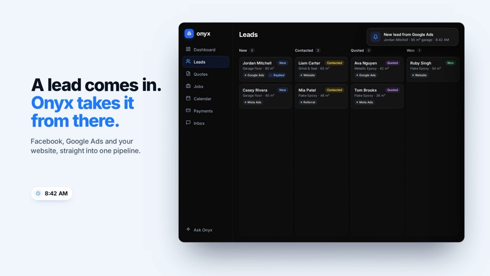 The Onyx leads pipeline, with a new lead arriving from Google Ads